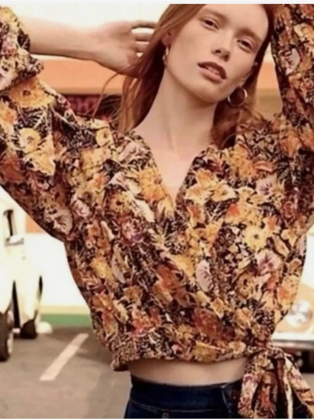 Free People Floral Tie-Front Blouse in Mustard and Purple
